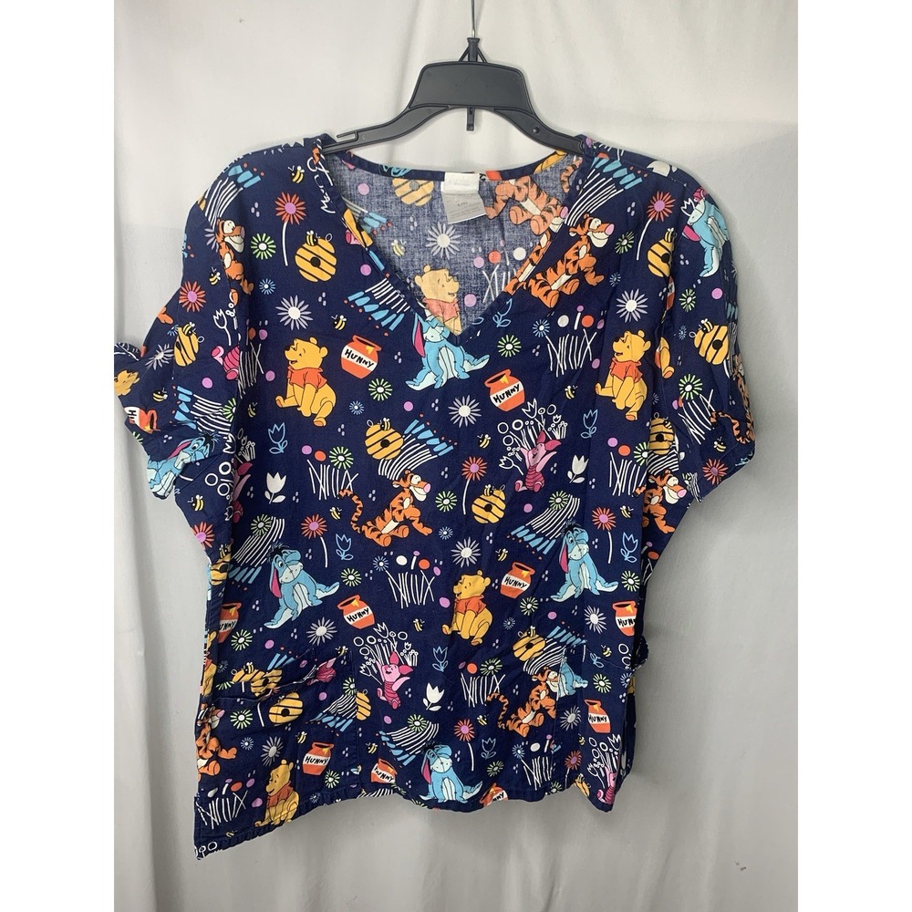 Women's L Winnie The‎ Pooh Disney Scrub Medical Nurse Uniform Shirt Pediatrics